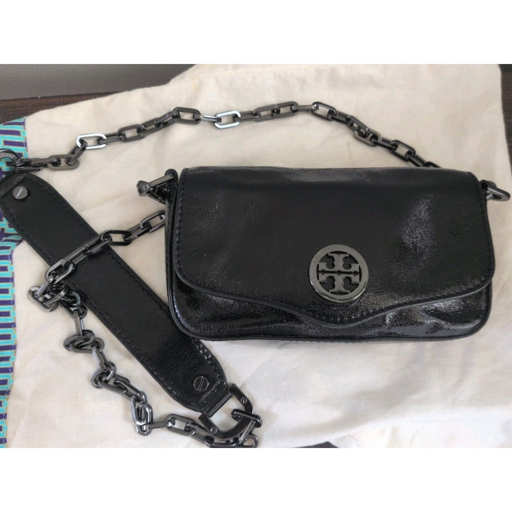 Tory Burch Black Patent Leather Crossbody Metal Chain W/Dustbag